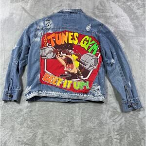 Custom Looney Tunes Taz Denim Jacket XL Distressed Cartoon Patch Trashed Grunge